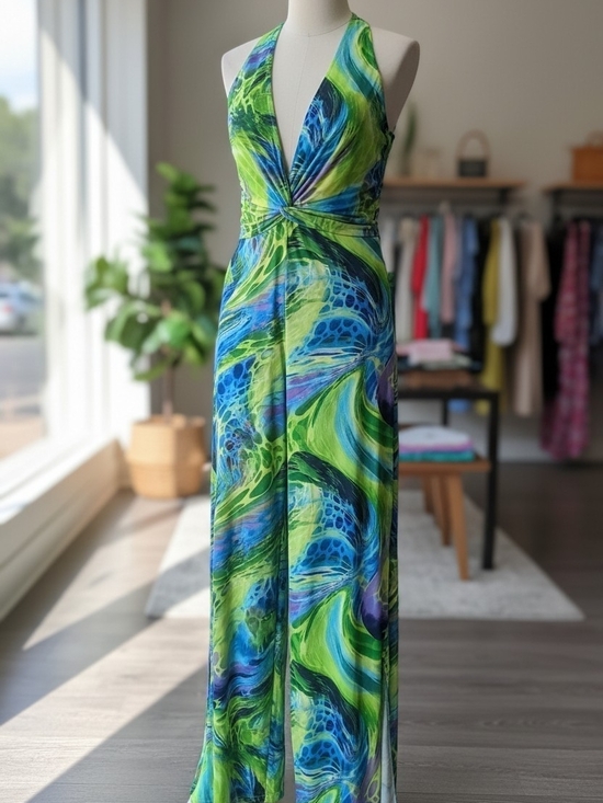 Fashion Nova Pants - Fashion Nova Abstract Print Wide Leg Jumpsuit Women's Large Neon Blue Green Open